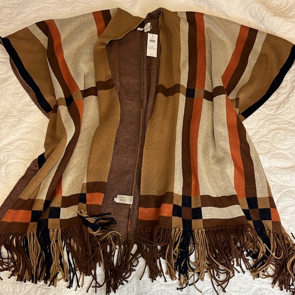 NWT - Boston Proper Color-block Fringe Cape/Shawl / Brown Multi / Size L/XL - Picture 7 of 8